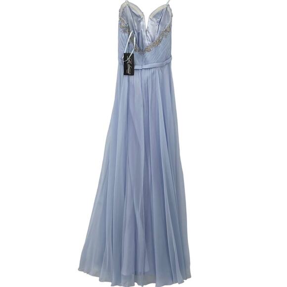 La Femme Gown Crystal Embellished Illusion Sweetheart Strapless Pale Blue NEW 8 - Picture 10 of 13